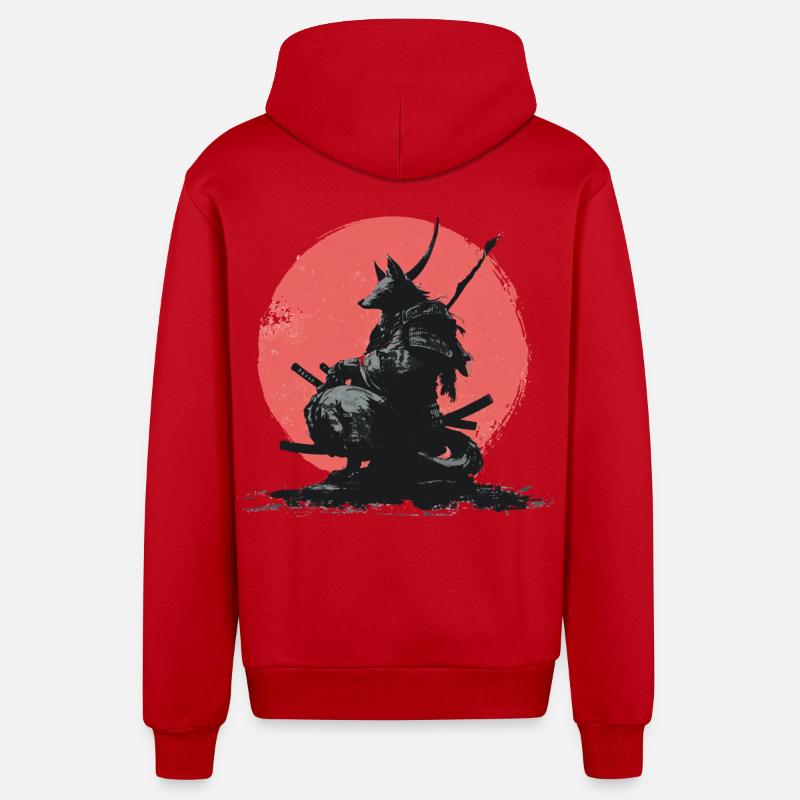 Wolf Samurai sur Red Sun - Veste à capuche bio décontractée fabriquée en UE - rouge