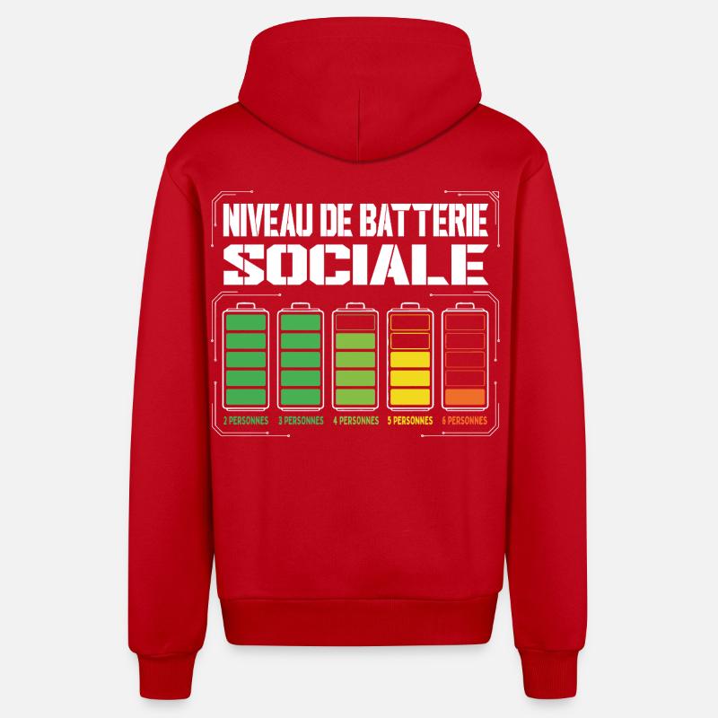 Niveau De Batterie Sociale Humour Introverti - Veste à capuche bio décontractée fabriquée en UE - rouge