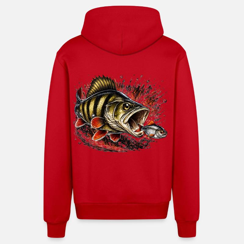 Explosive Perch Predator Fishing Design - Organic Relaxed Hooded Jacket Made in EU - red