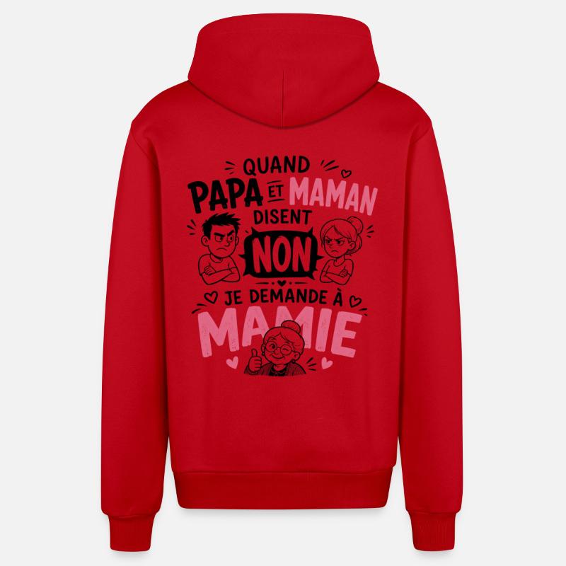 Je demande à Mamie ! - Veste à capuche bio décontractée fabriquée en UE - rouge