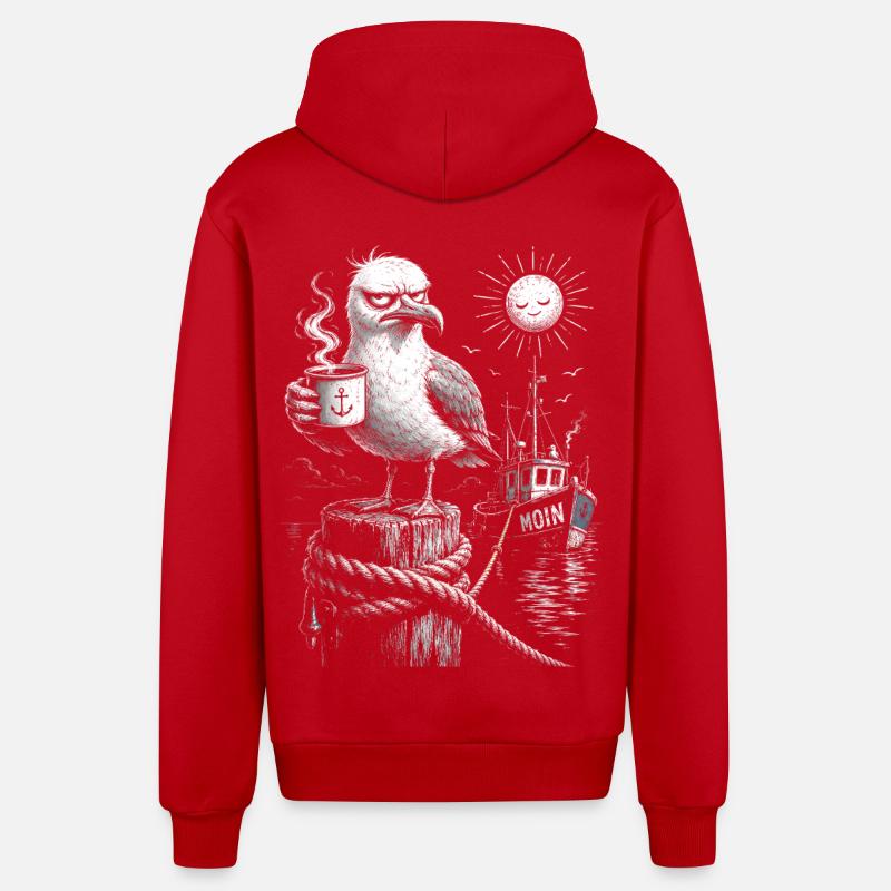 MOIN – Grumpy Seagull with Coffee - Organic Relaxed Hooded Jacket Made in EU - red