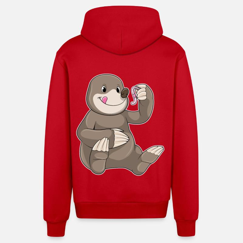Mole with earthworm - Organic Relaxed Hooded Jacket Made in EU - red