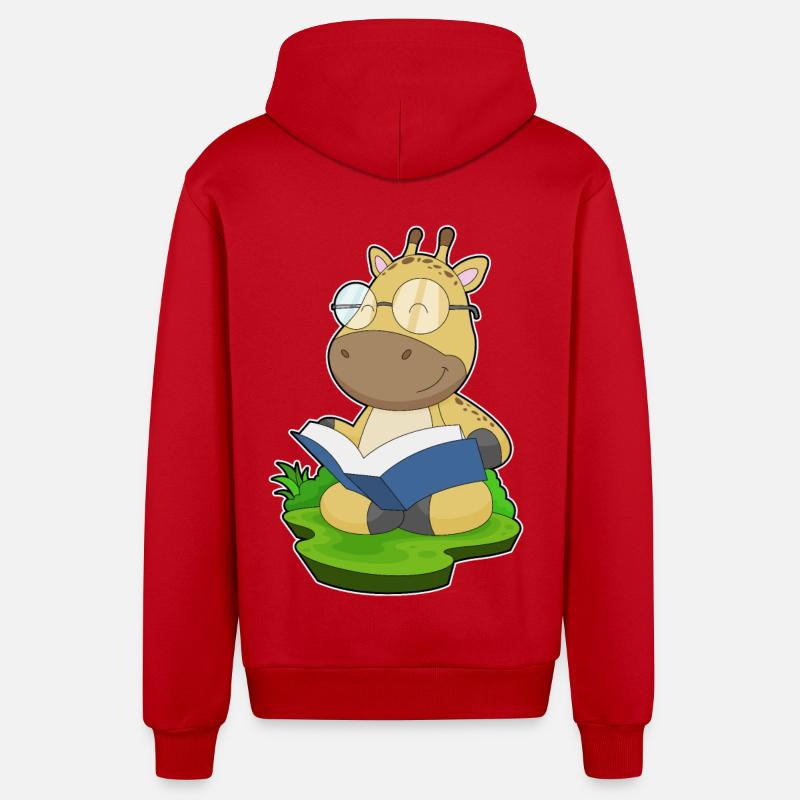 Giraffe Nerd Buch - Organic Relaxed Kapuzenjacke Made in EU - Rot