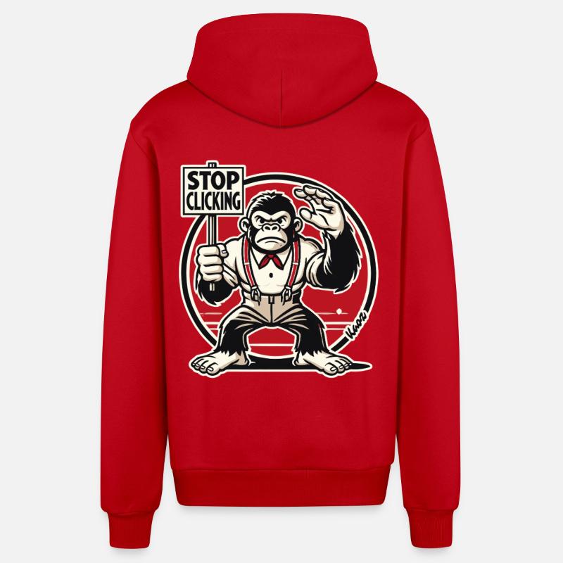 Singe gorille avec panneau : Arrêtez de cliquer - Veste à capuche bio décontractée fabriquée en UE - rouge