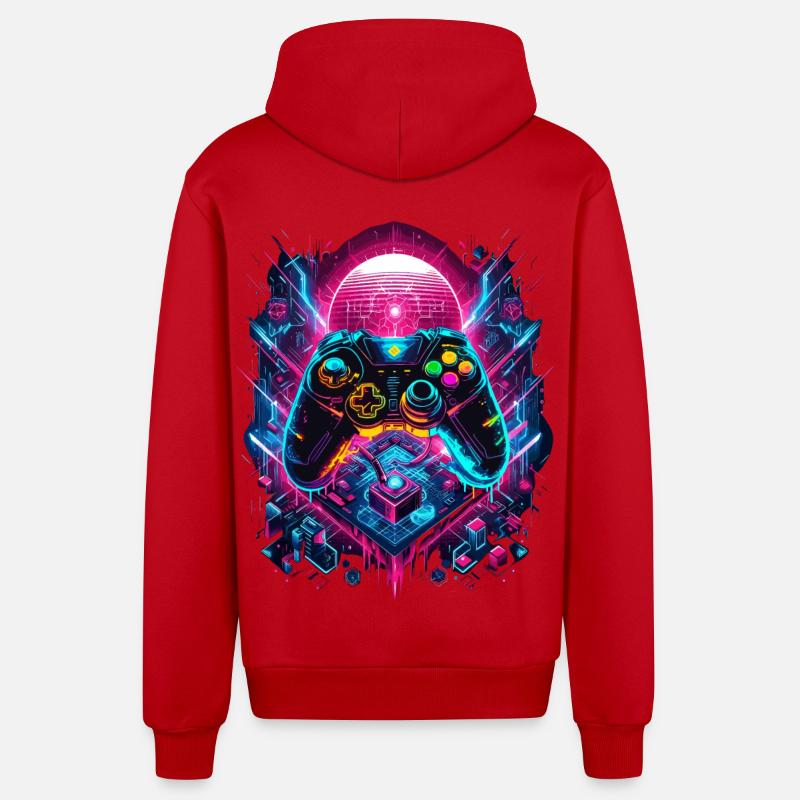 Vibrant Cyberpunk Gaming Controller Graphics - Organic Relaxed Hooded Jacket Made in EU - red