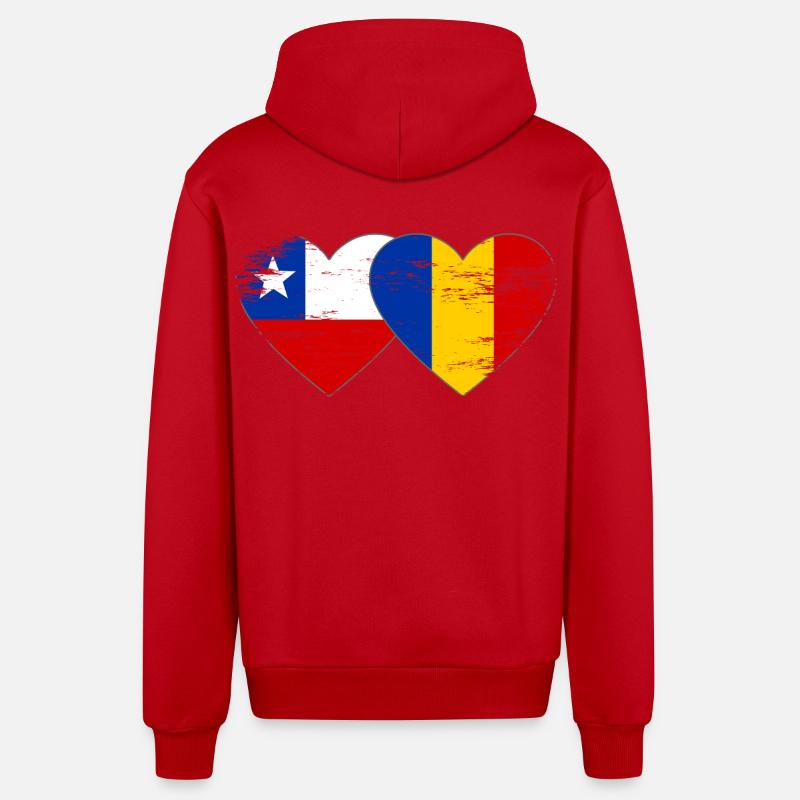 Cœur du drapeau Chili-Roumanie utilisé - Veste à capuche bio décontractée fabriquée en UE - rouge