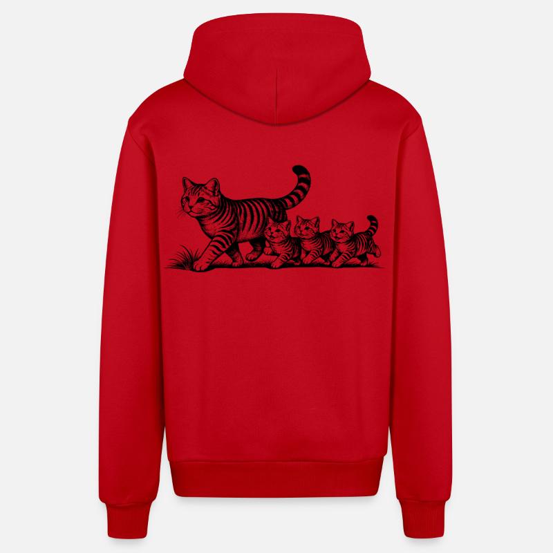 Katzenmutter mit 3 Katzenbabys schwarz - Organic Relaxed Kapuzenjacke Made in EU - Rot
