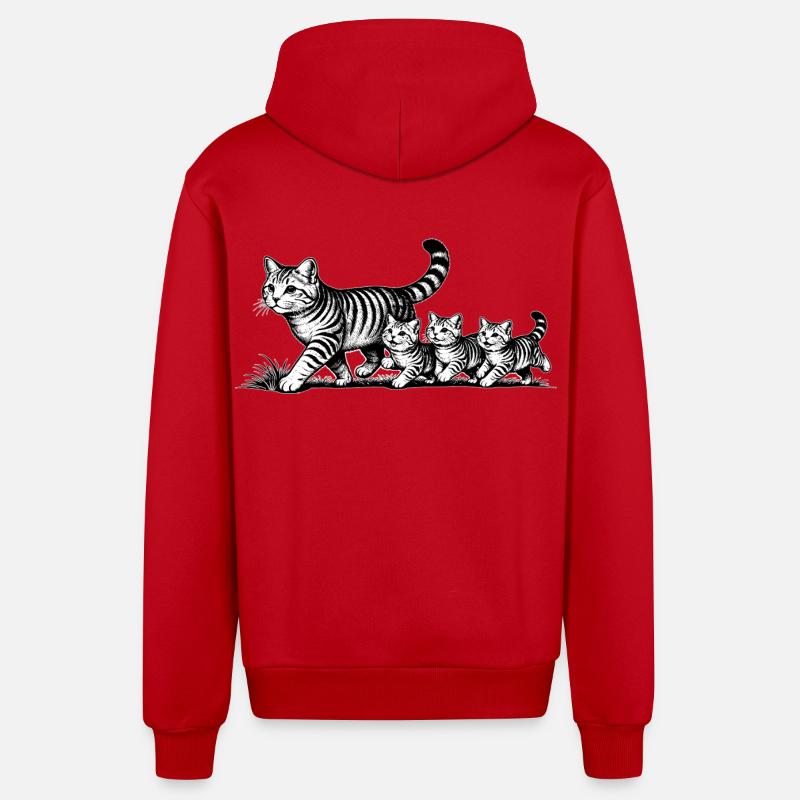 Katzenmutter mit 3 Katzenbabys schwarzweiß - Organic Relaxed Kapuzenjacke Made in EU - Rot