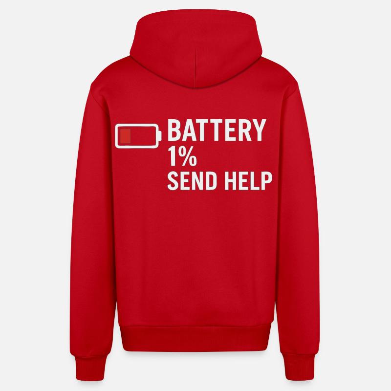 Battery 1% – Send Help | Morgenmuffel - Organic Relaxed Kapuzenjacke Made in EU - Rot