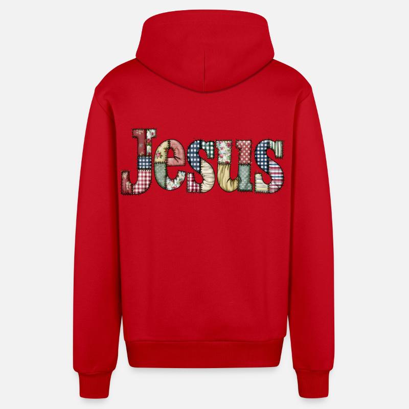 Patchwork Jesus Lettering - Organic Relaxed Hooded Jacket Made in EU - red
