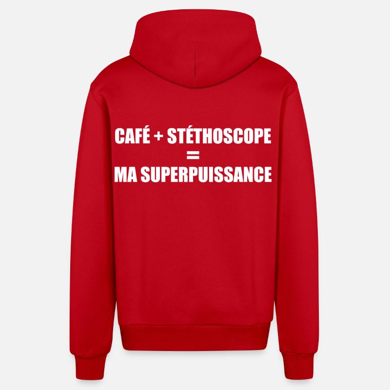 Café et stéthoscope = ma superpuissance - Veste à capuche bio décontractée fabriquée en UE - rouge