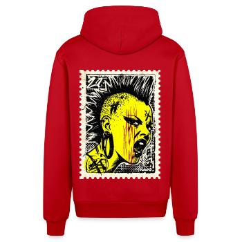 Femme punk sauvage avec mohawk et colère sur timbre-poste - Veste à capuche bio décontractée fabriquée en UE - rouge - Dos