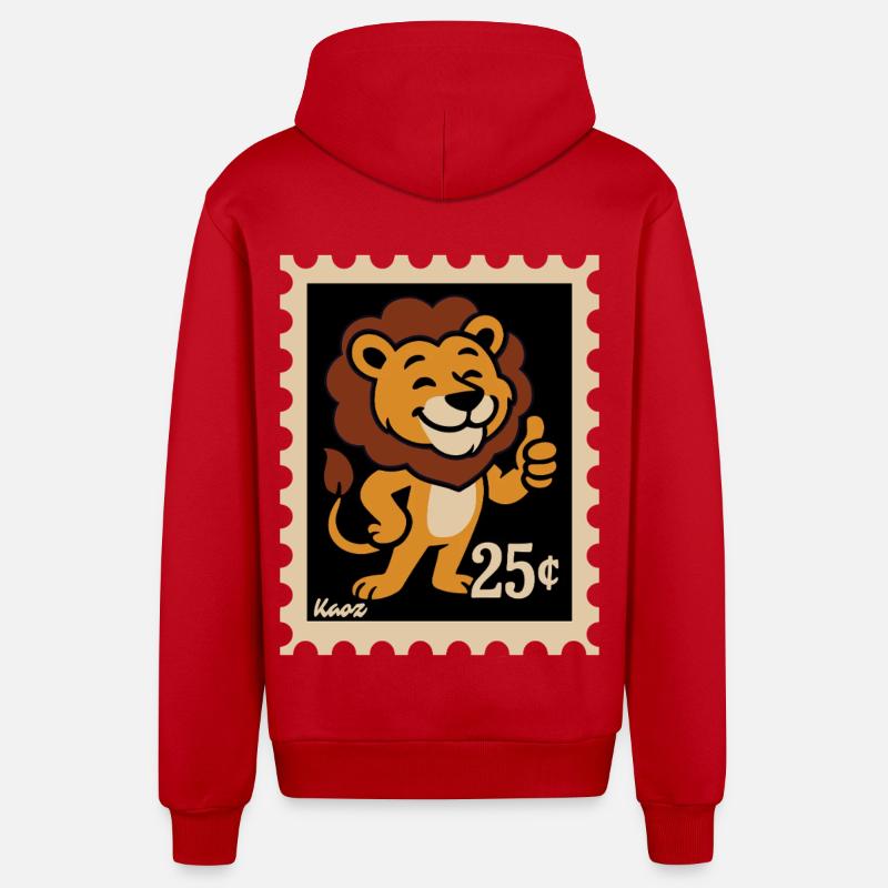 Lion amical sur un timbre-poste - Veste à capuche bio décontractée fabriquée en UE - rouge