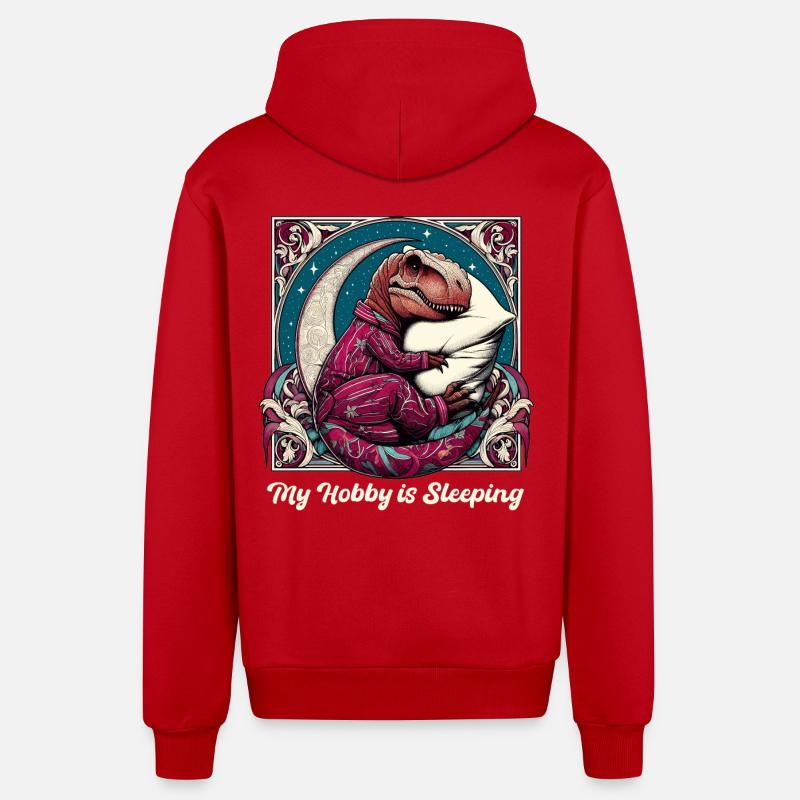 T-Rex Sleeping Hobby Gift - Organic Relaxed Hooded Jacket Made in EU - red
