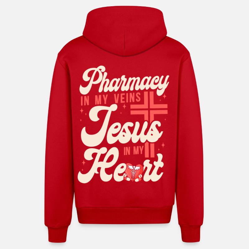 Pharmacy Tech Technician - Organic Relaxed Hooded Jacket Made in EU - red