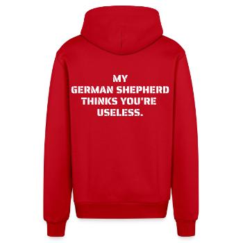 My shepherd dog thinks you're useless - Organic Relaxed Hooded Jacket Made in EU - red - Back