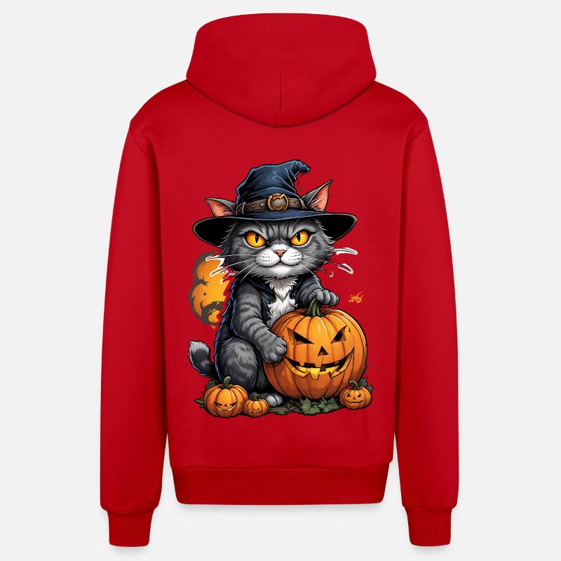 Chat d’Halloween avec citrouille - Veste à capuche bio décontractée fabriquée en UE - rouge