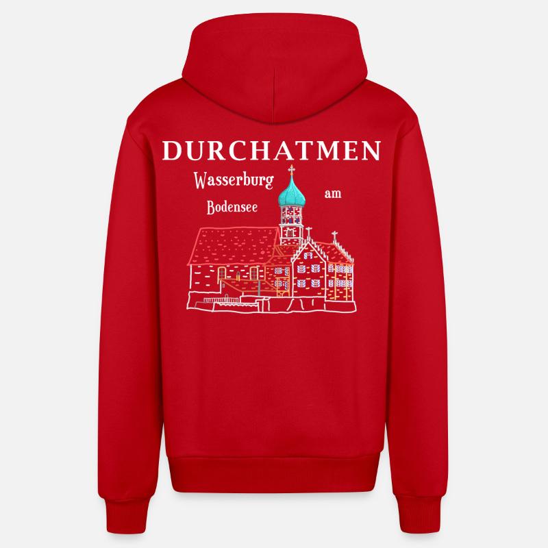 Wasserburg am Bodensee, Durchatmen, Germany - Organic Relaxed Hooded Jacket Made in EU - red