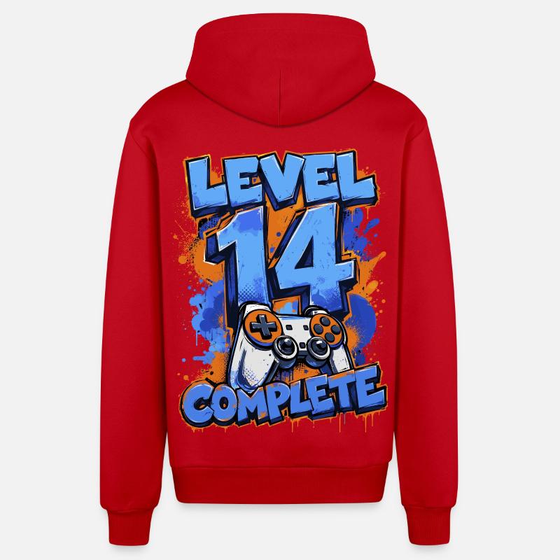 Level 14 Complete – Retro Gaming - Organic Relaxed Hooded Jacket Made in EU - red