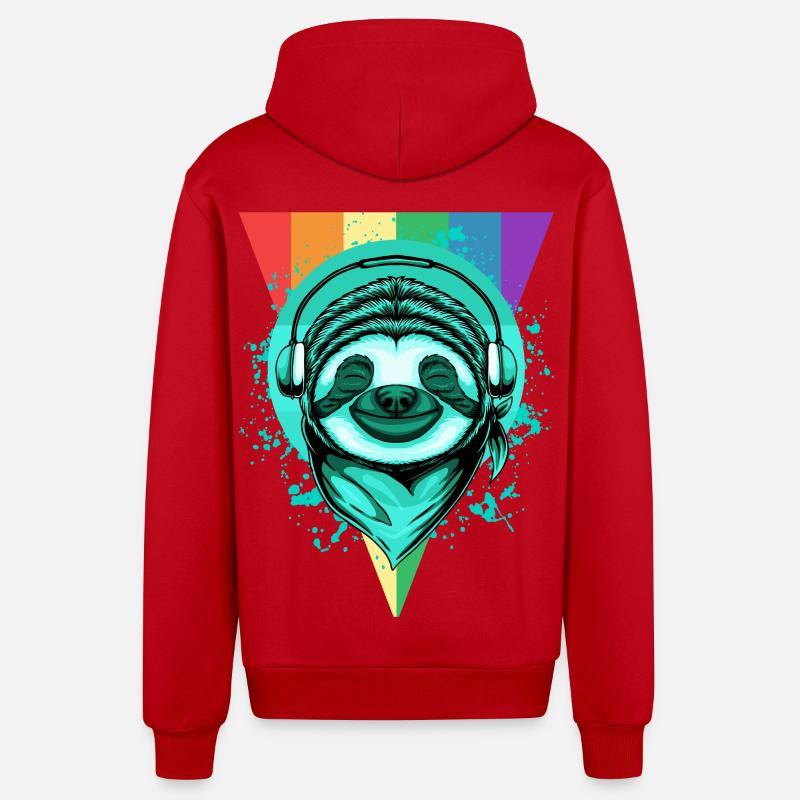 Faultier mit Kopfhörern & Regenbogen - Organic Relaxed Kapuzenjacke Made in EU - Rot