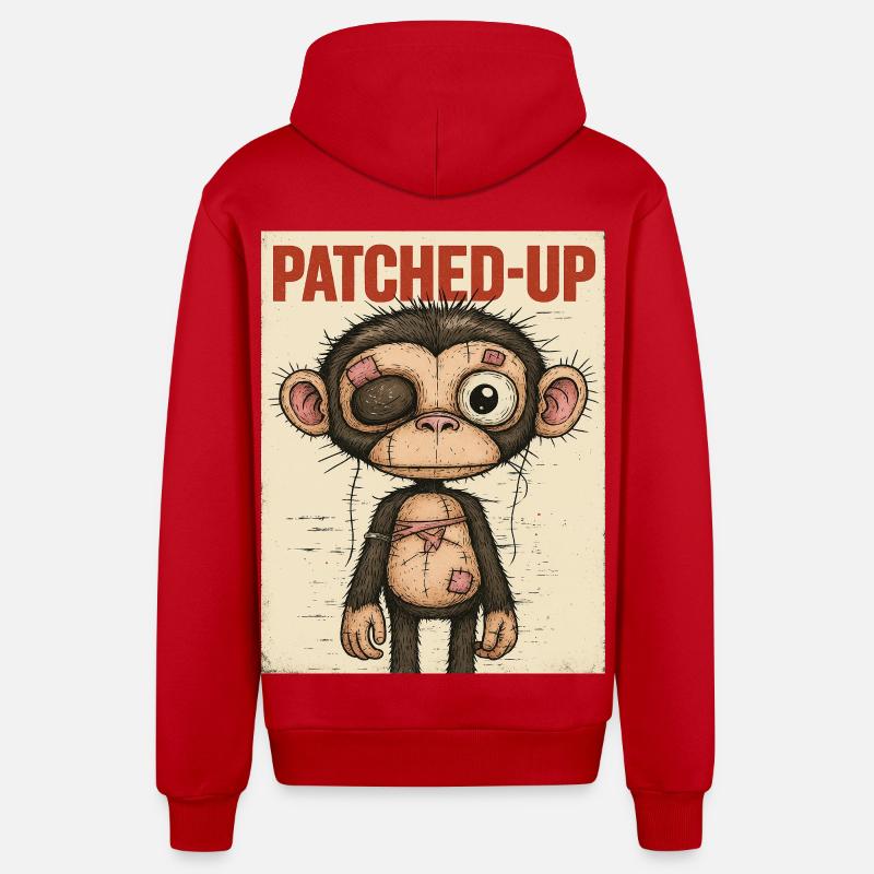 Patchwork Affe: Gepatcht und Tapfer - Organic Relaxed Kapuzenjacke Made in EU - Rot