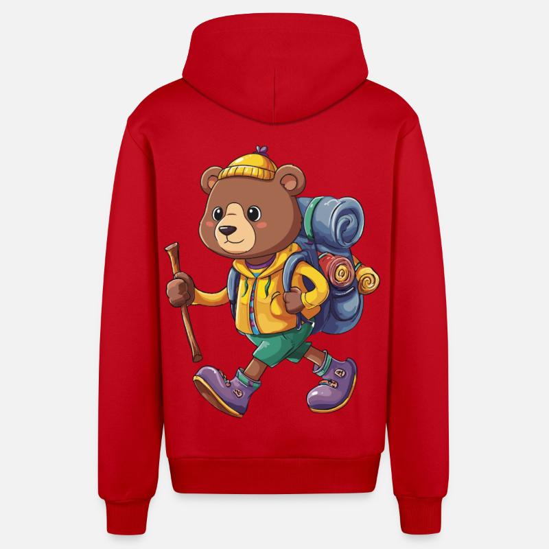 Cute Bear Hiking Camping Adventure Backpacker - Organic Relaxed Hooded Jacket Made in EU - red
