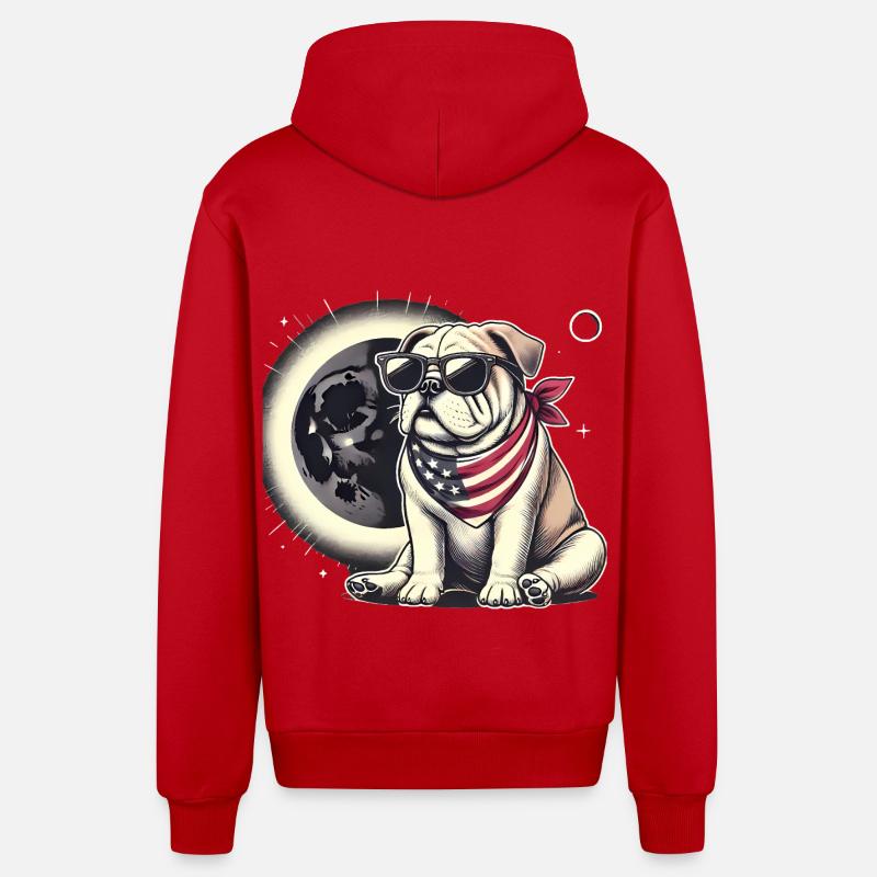 Éclipse solaire du bouledogue patriotique - Veste à capuche bio décontractée fabriquée en UE - rouge