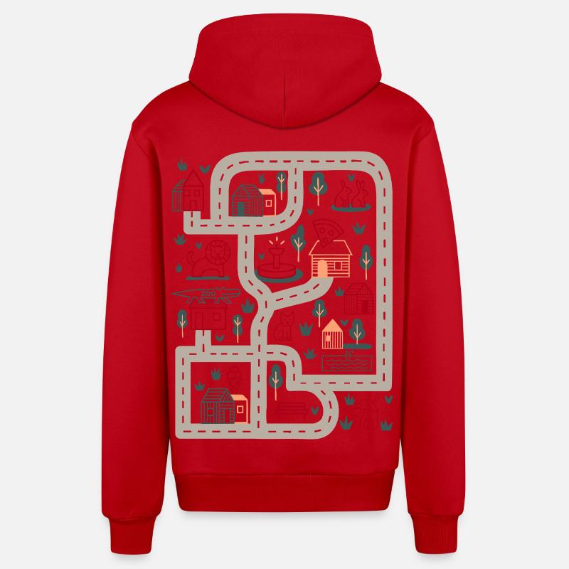 Kartenpfad Bunte Dorfwelt - Organic Relaxed Kapuzenjacke Made in EU - Rot