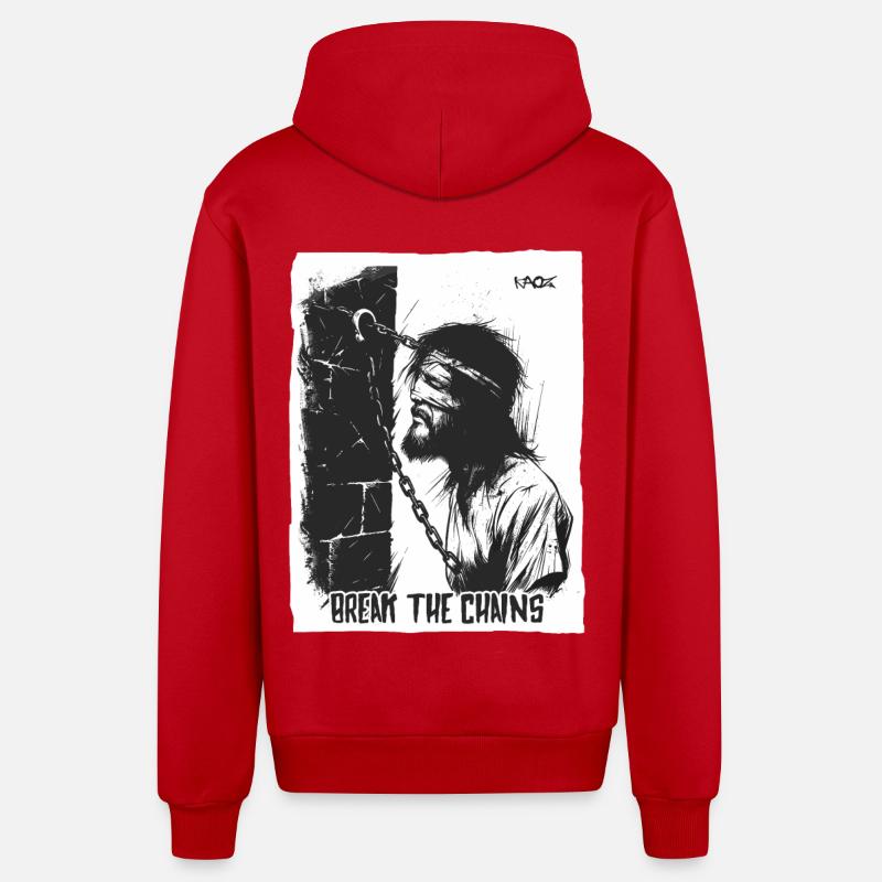 Suffering man, break the chains - Organic Relaxed Hooded Jacket Made in EU - red