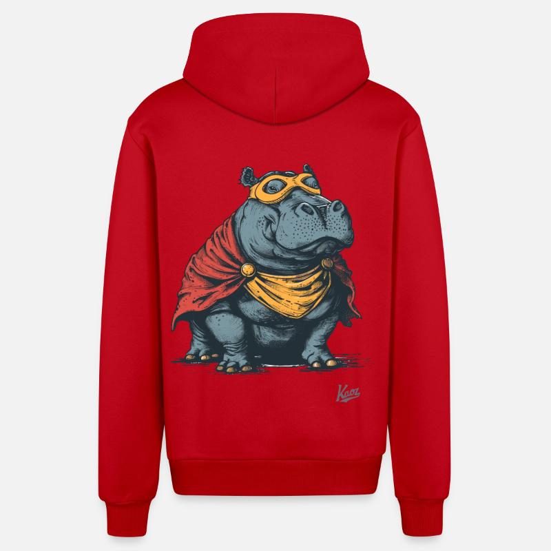 Hippopotame en costume de super-héros - Veste à capuche bio décontractée fabriquée en UE - rouge