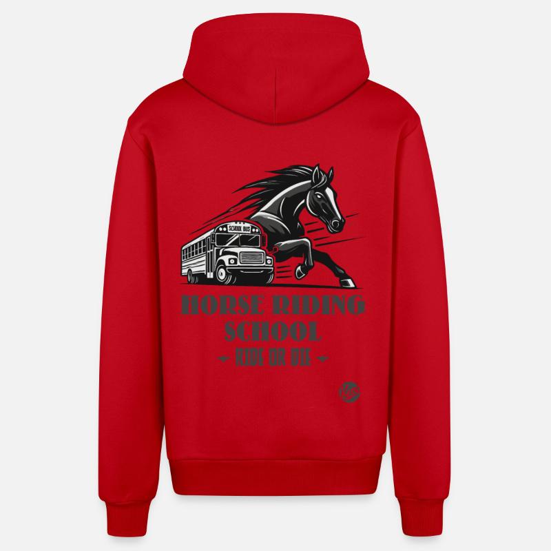 Reitschule "Reite oder Stirb", ein Pferde-Motiv - Organic Relaxed Kapuzenjacke Made in EU - Rot