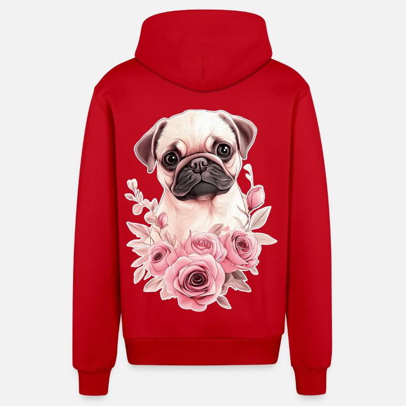 Mops mit Blumen - Organic Relaxed Kapuzenjacke Made in EU - Rot