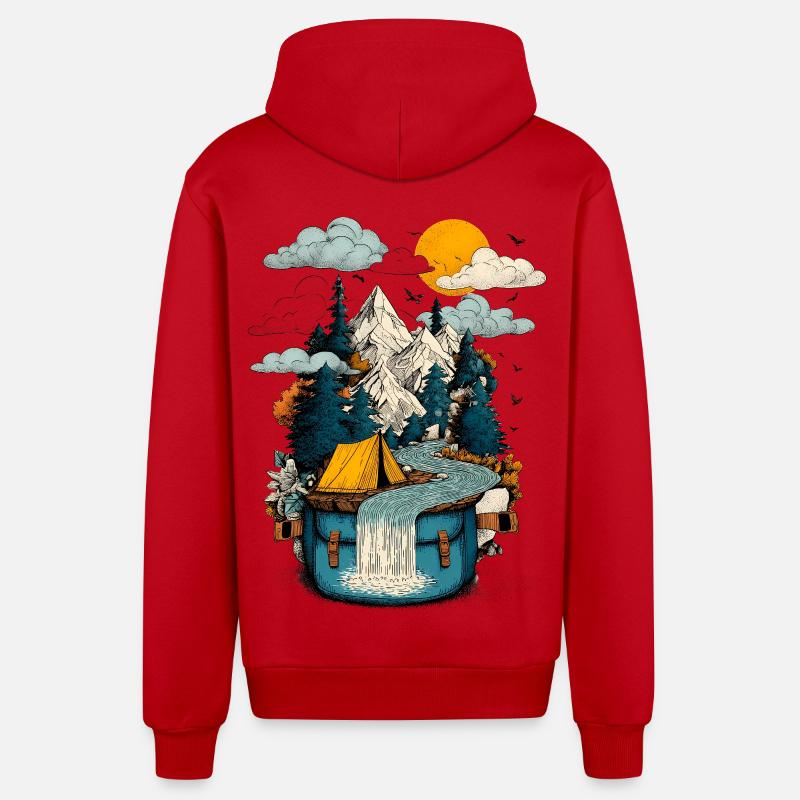 Bergsee Pfad - Camping Backpacker Motiv - Organic Relaxed Kapuzenjacke Made in EU - Rot
