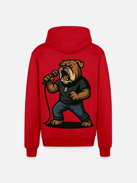 Rock Singer Bulldog with Microphone Art - Organic Relaxed Hooded Jacket Made in EU - red