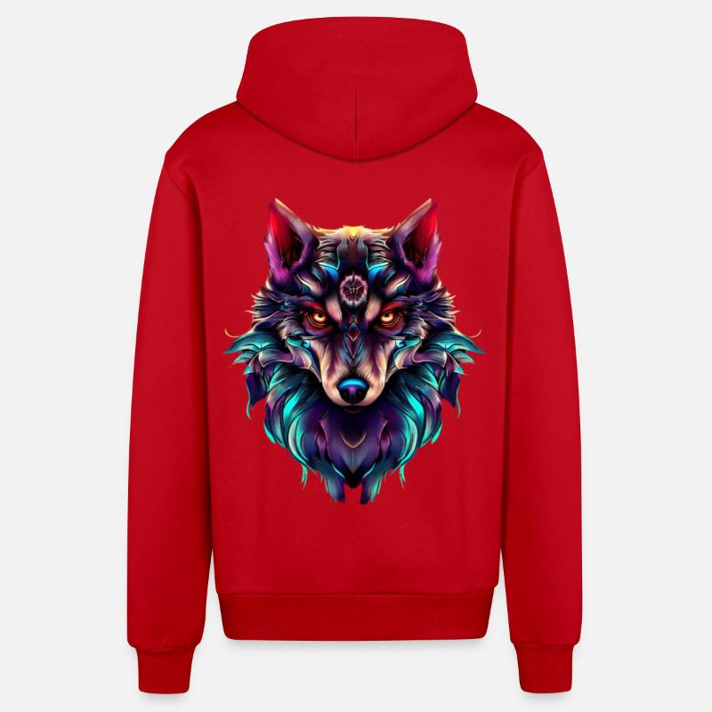 Wolf's Head Synthwave Wolf - Organic Relaxed Hooded Jacket Made in EU - red