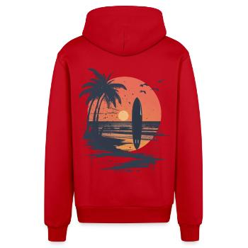 Surfbrett Sonnenuntergang und Palmen - Organic Relaxed Kapuzenjacke Made in EU - Rot - Hinten