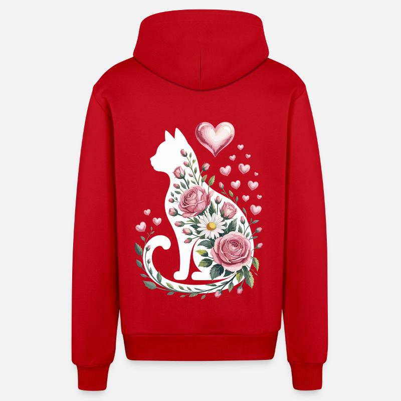 Fleur Chat Silhouette Roses Coeurs - Veste à capuche bio décontractée fabriquée en UE - rouge