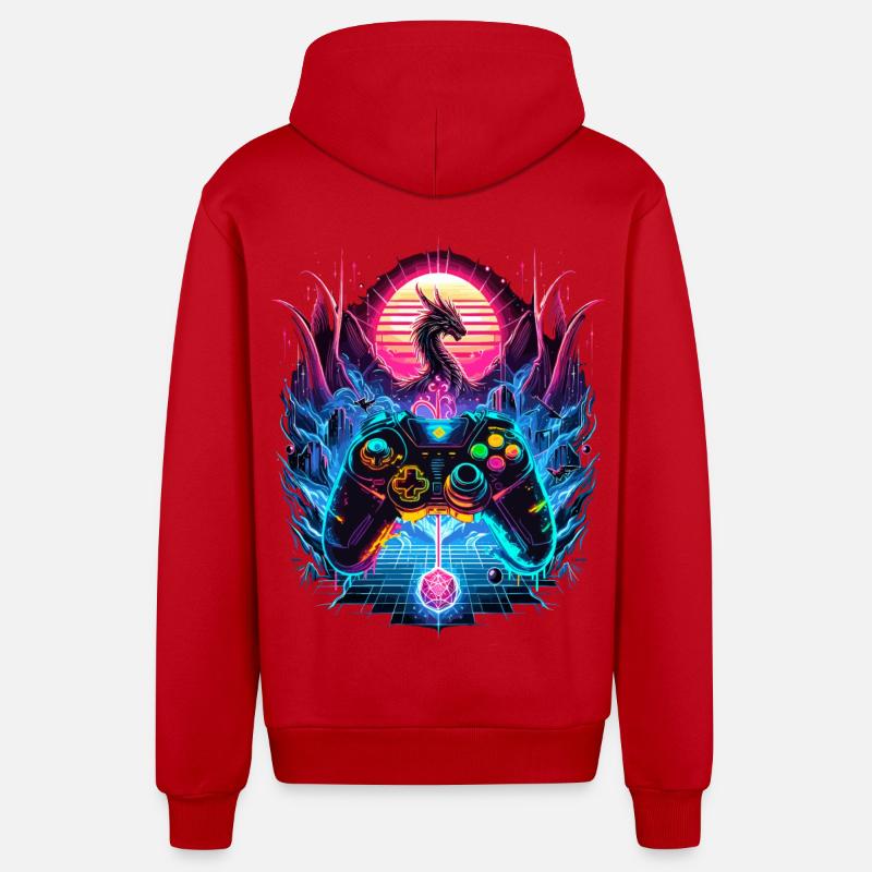 Synthwave Dragon Gaming Fantasy - Veste à capuche bio décontractée fabriquée en UE - rouge
