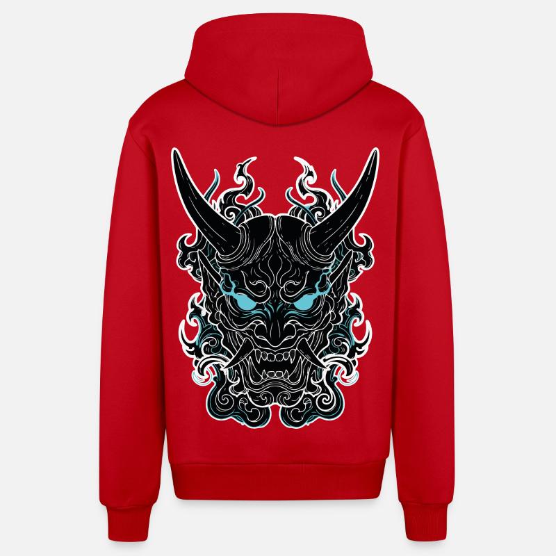 Masque Oni Cyberpunk Portrait Bleu - Veste à capuche bio décontractée fabriquée en UE - rouge