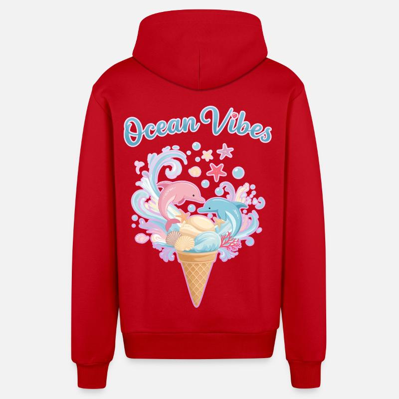Motif Glace et Dauphins 🍦🐬🐬 - Veste à capuche bio décontractée fabriquée en UE - rouge