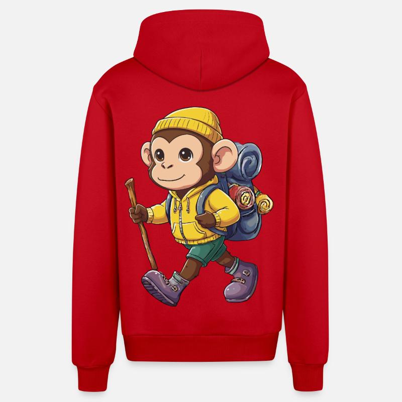 Cute Monkey Hiking Camping Adventure Backpacker - Organic Relaxed Hooded Jacket Made in EU - red