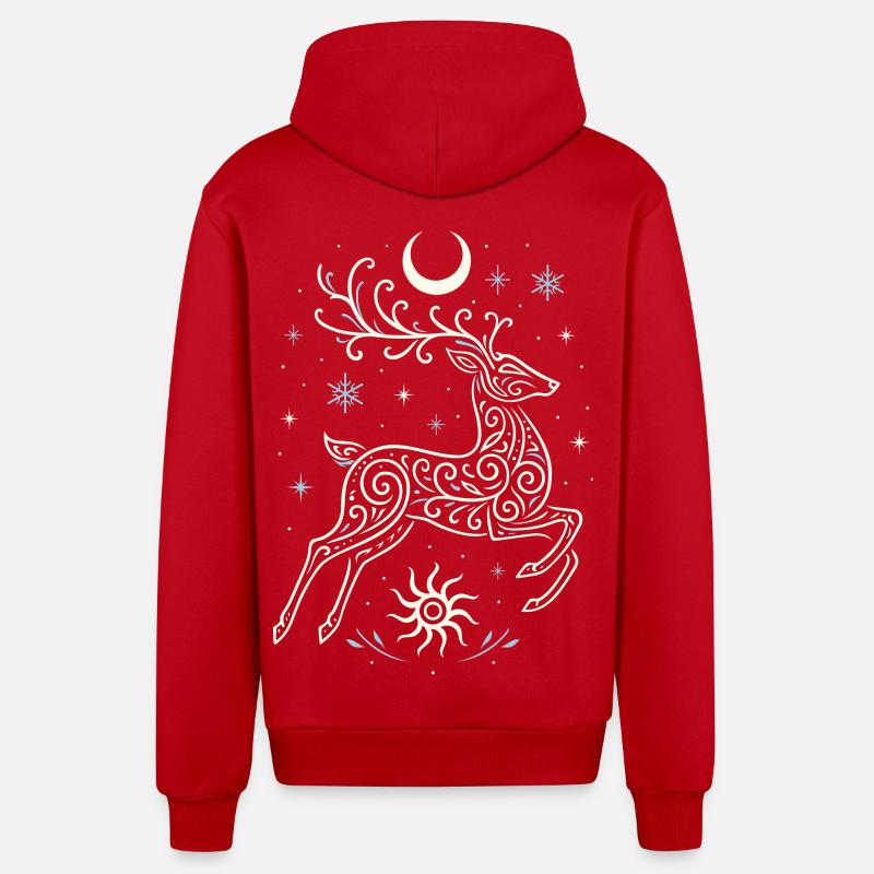 Springender Yule Hirsch mit Sonne & Mond - Organic Relaxed Kapuzenjacke Made in EU - Rot