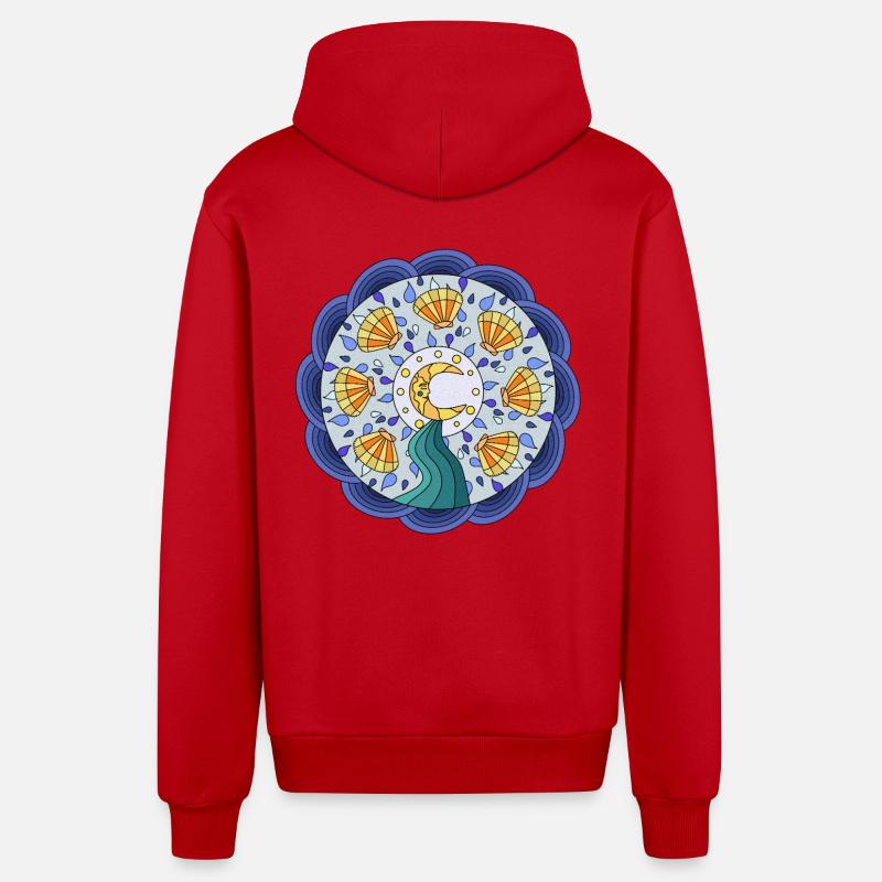 Moon Sun Mandala with Wave Wreath - Organic Relaxed Hooded Jacket Made in EU - red