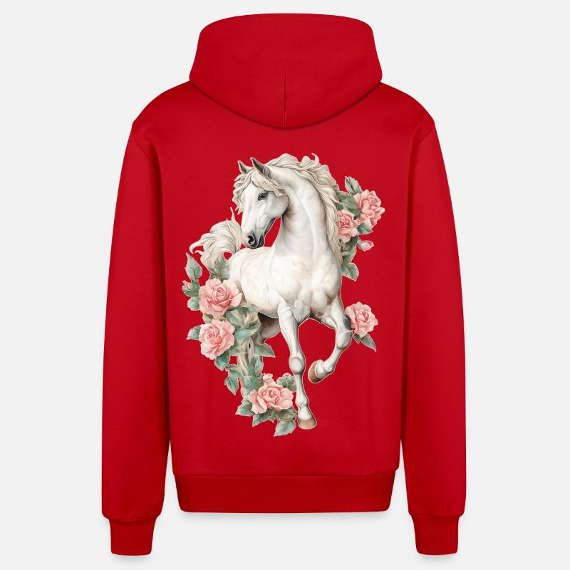 Cheval aux roses - Veste à capuche bio décontractée fabriquée en UE - rouge