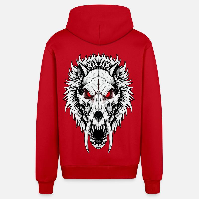 Shamanic Sabertooth Wolf Skull Red Eyes - Organic Relaxed Hooded Jacket Made in EU - red