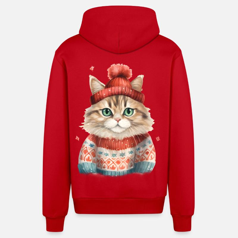 Winterkatze im Strickpullover - Organic Relaxed Kapuzenjacke Made in EU - Rot