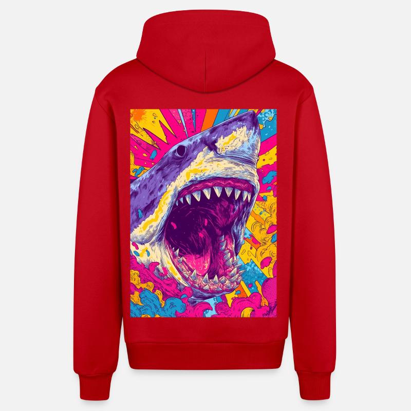 Explosion de requin psychédélique - Veste à capuche bio décontractée fabriquée en UE - rouge