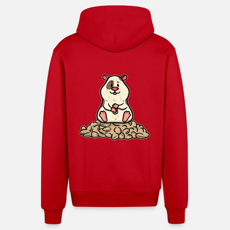 Small hamster with many peanuts - Organic Relaxed Hooded Jacket Made in EU - red