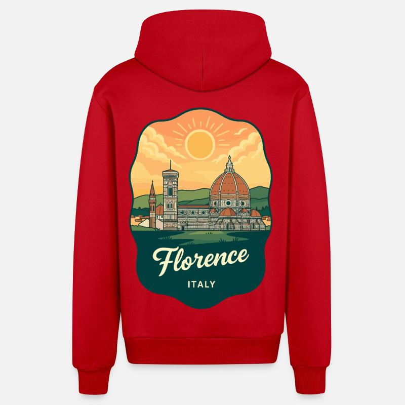 Florence Duomo Retro Sonnenuntergangs-Reiseabzeichen - Organic Relaxed Kapuzenjacke Made in EU - Rot