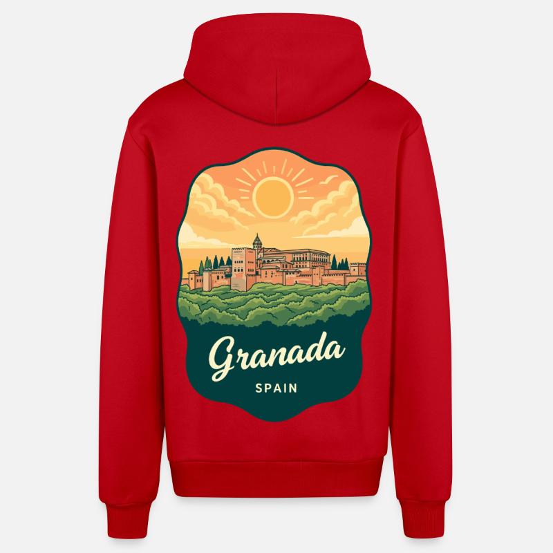 Granada Alhambra Palac Retro Sunset Badge - Veste à capuche bio décontractée fabriquée en UE - rouge